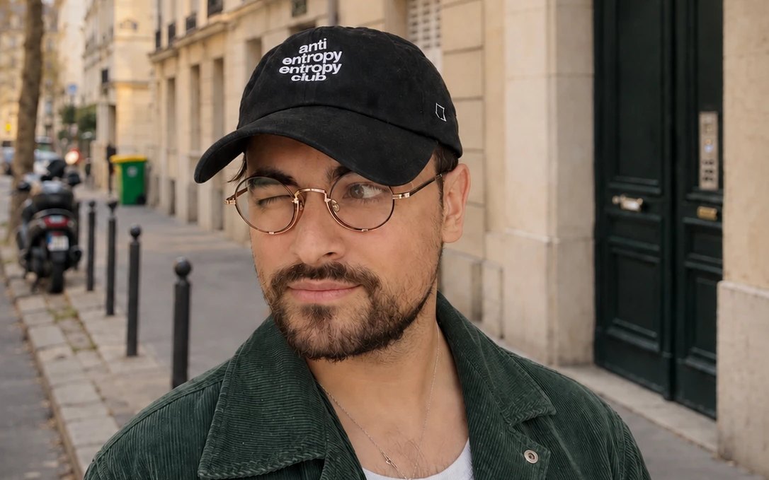 Kevin on a residential street in Paris, in a black cap and round gold glasses, glancing to the side with a half smile