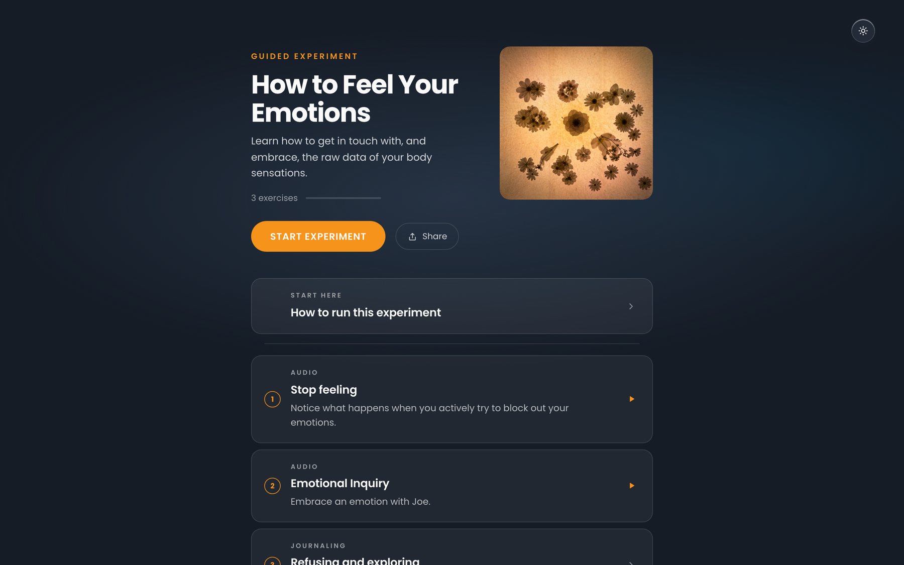 How to Feel Your Emotions: the course menu with its three exercises, on a laptop